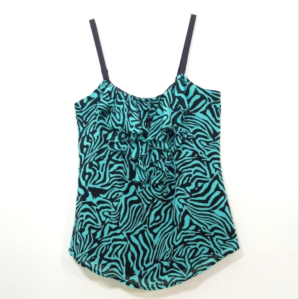 Nicole Miller turquoise zebra ruffled tank top S